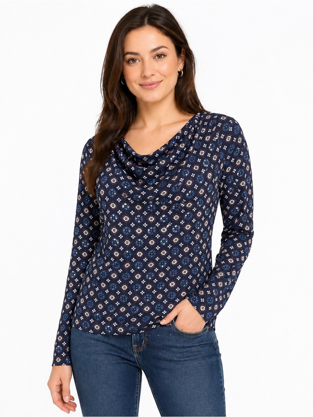 Caliban Navy Blue Printed Cowl Neck Long Sleeve Blouse Size 44